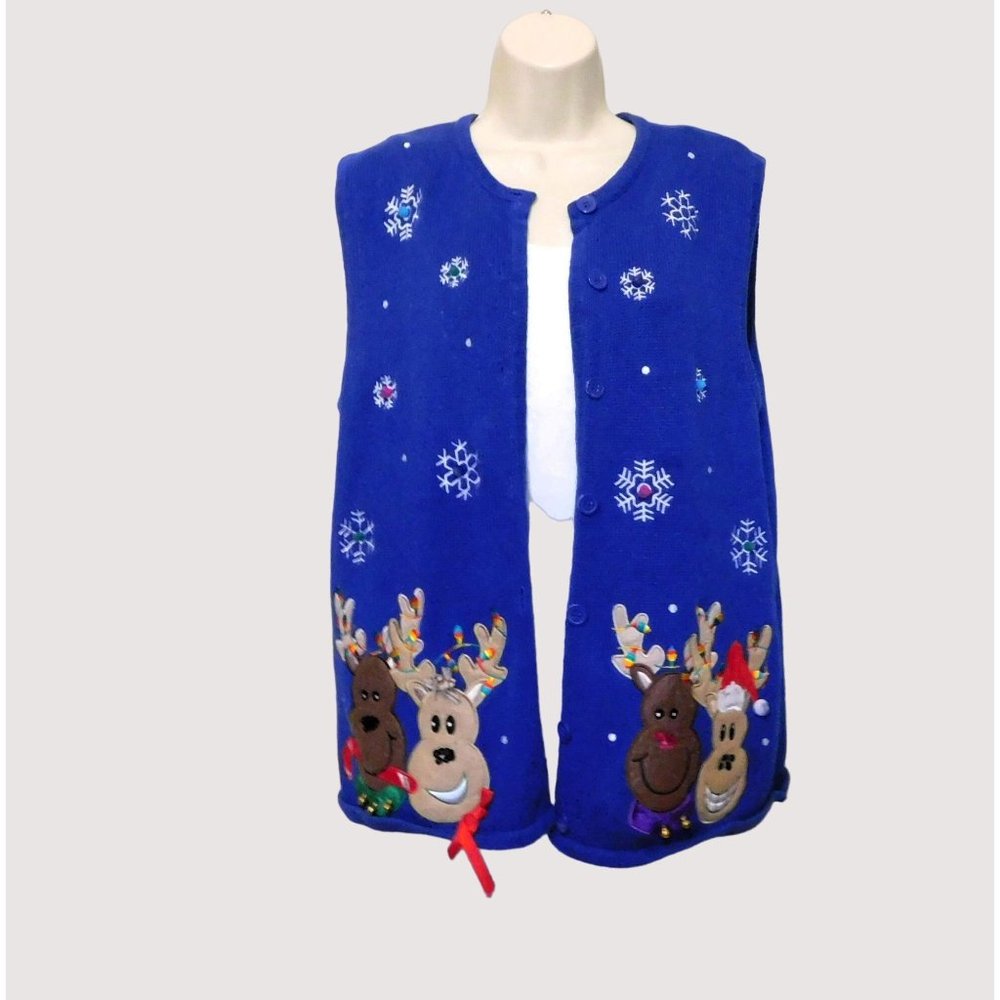 Rebecca Malone Ugly Christmas Sweater Vest L Blue Reindeer Cardigan Cotton Blend